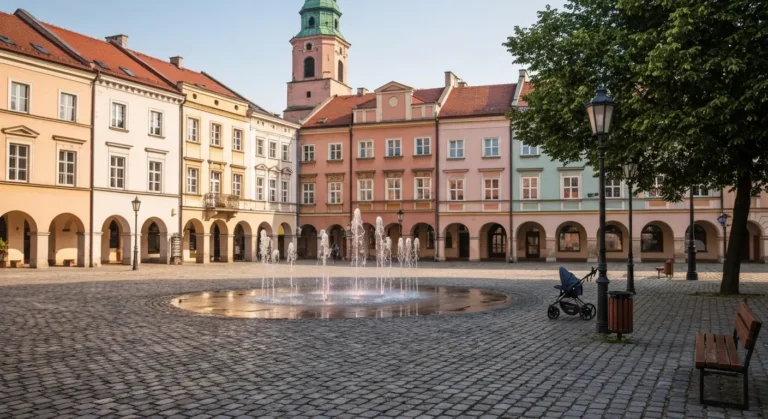 Rzeszowski Rynek z kamienicami i niska fontanna multimedialna, obok pusty wozek i lawka, w tle zielen bulwarow nad Wislo