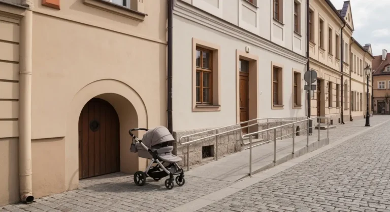 Wozek dzieciecy przy podjezdzie do zabytkowej kamienicy na rzeszowskim rynku, gladki pas bruku dla wozka