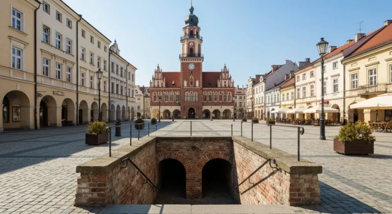 Rzeszowski rynek z kamienicami i wieza ratusza oraz wejscie po kamiennych schodach do podziemnej trasy