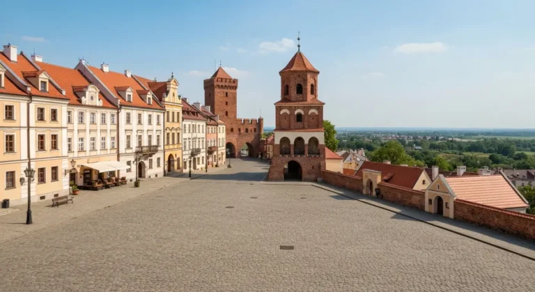 Zabytkowa starowka Sandomierza - rynek z ratuszem, kamienice i ceglana brama widziane w sloneczny dzien