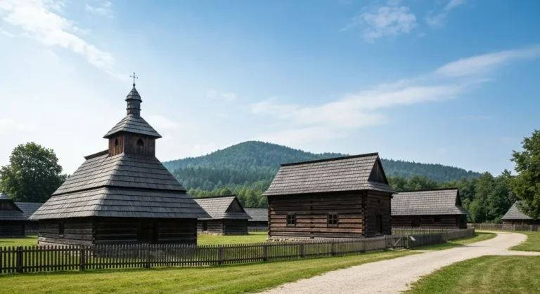 Drewniane chaty i cerkiew w skansenie w Sanoku na tle zalesionych wzgorz Podkarpacia