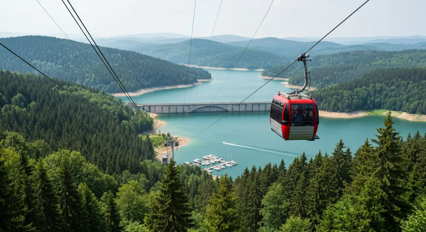 Gondola kolei linowej nad lasem, w tle Jezioro Solinskie i zapora w Solinie