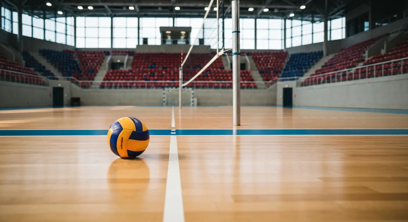 Pusta hala sportowa w Rzeszowie z parkietem, siatka do siatkowki i pilka na linii koncowej