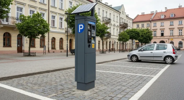 Parkomat przy miejscu postojowym na brukowanej ulicy w centrum Rzeszowa, w tle kamienice