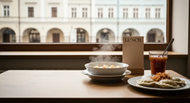 Talerz pierogow i miska zurku na drewnianym stole taniej restauracji w Rzeszowie, za oknem kamienice rynku
