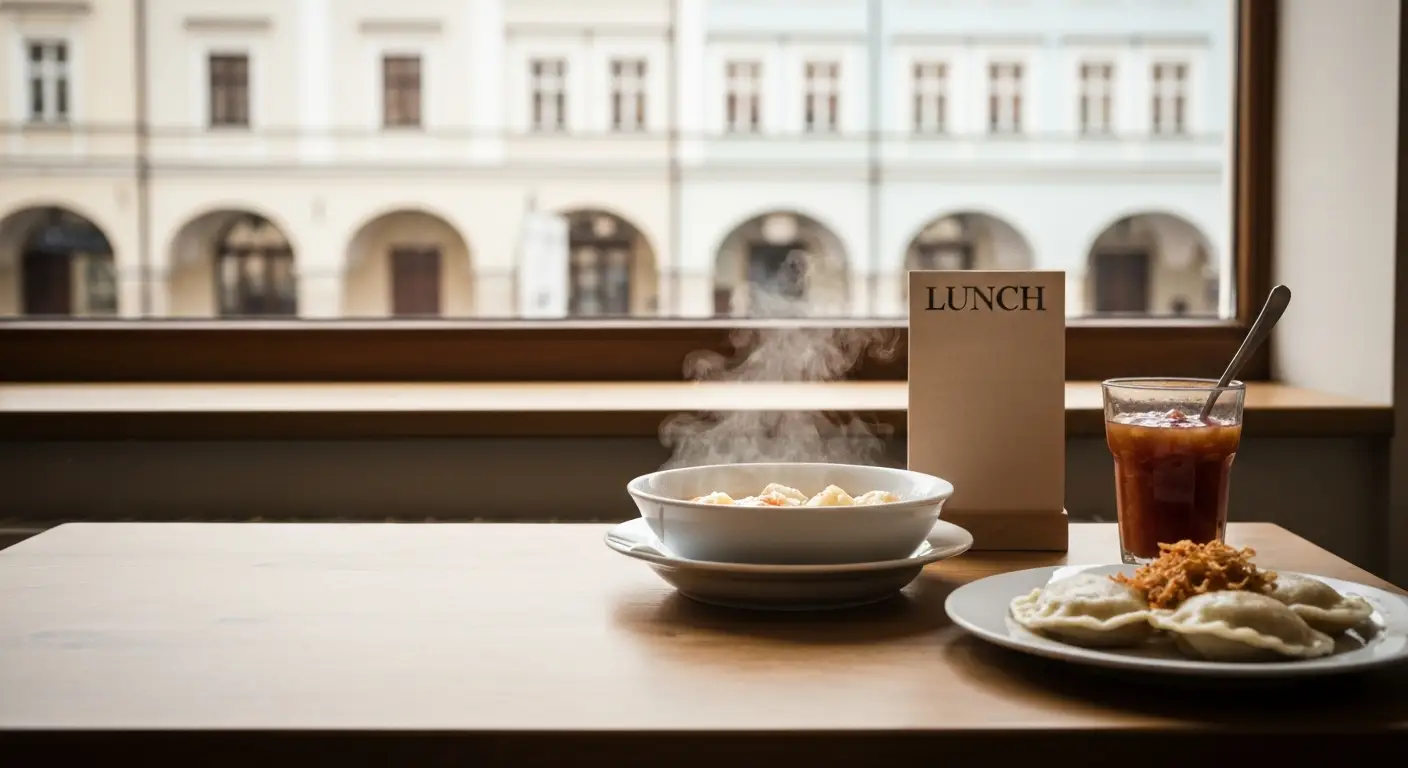 Talerz pierogow i miska zurku na drewnianym stole taniej restauracji w Rzeszowie, za oknem kamienice rynku