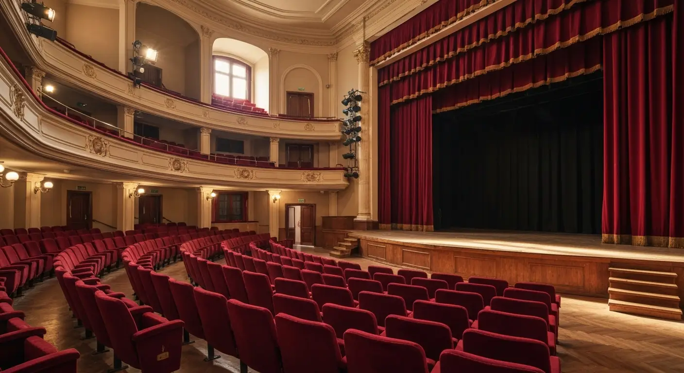 Puste wnetrze teatru w Rzeszowie - rzedy czerwonych foteli i scena z kurtyna