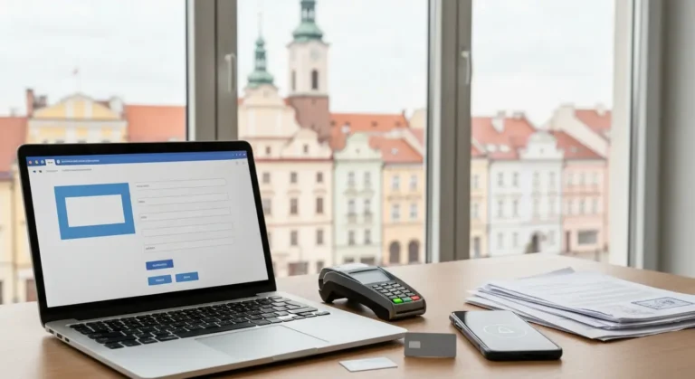 Laptop z formularzem urzedowym, czytnik kart i dokumenty na biurku, w tle rozmyta panorama rzeszowskiego rynku z wieza r