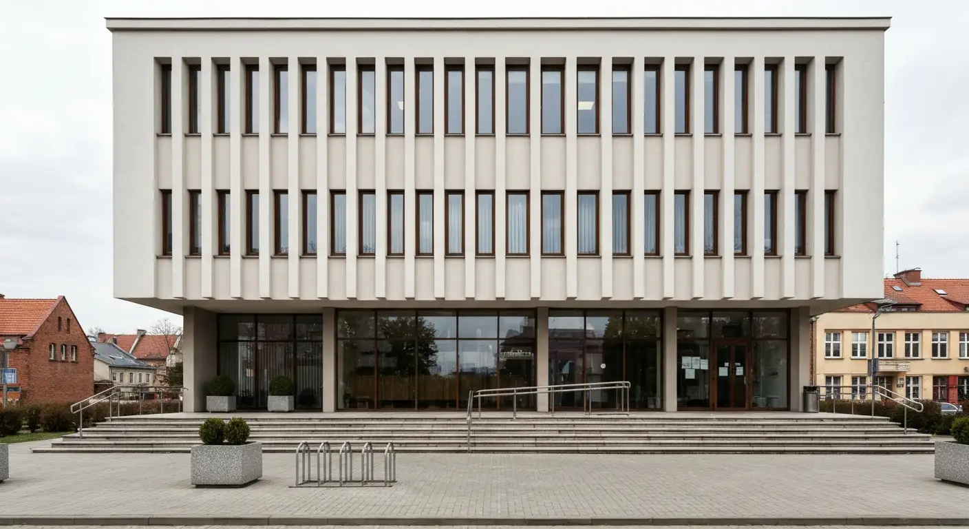 Modernistyczny budynek urzedu miejskiego w Rzeszowie z przeszklonym wejsciem do biura obslugi mieszkancow
