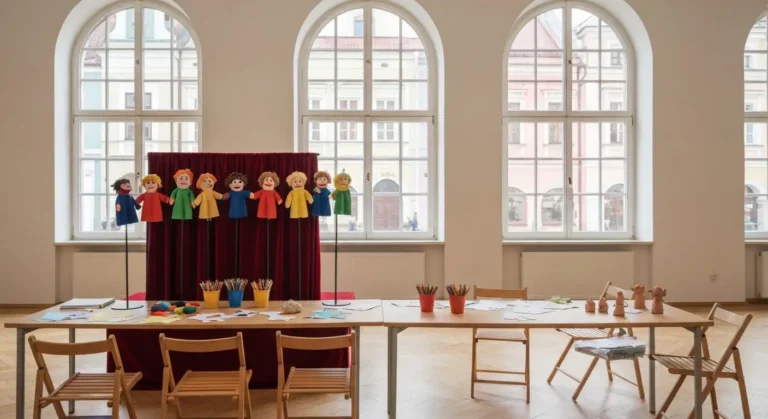 Scena teatrzyku lalkowego i stol z materialami plastycznymi w jasnej sali domu kultury w Rzeszowie