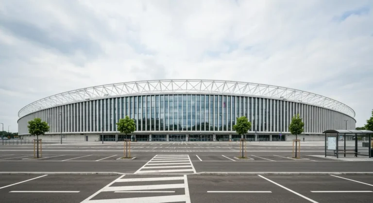 Nowoczesna hala widowiskowo-sportowa w Rzeszowie z zakrzywionym dachem, przed nia pusty plac i parking