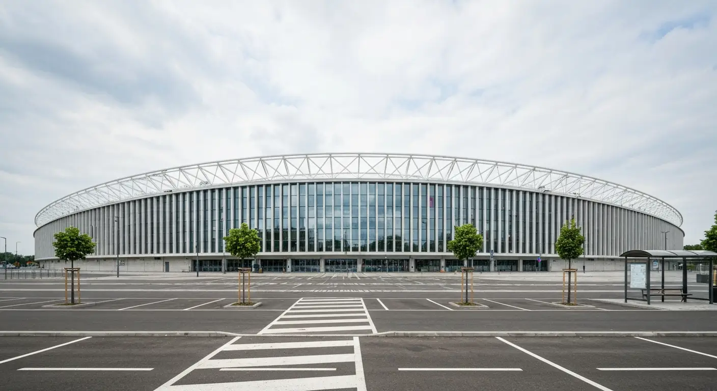 Nowoczesna hala widowiskowo-sportowa w Rzeszowie z zakrzywionym dachem, przed nia pusty plac i parking