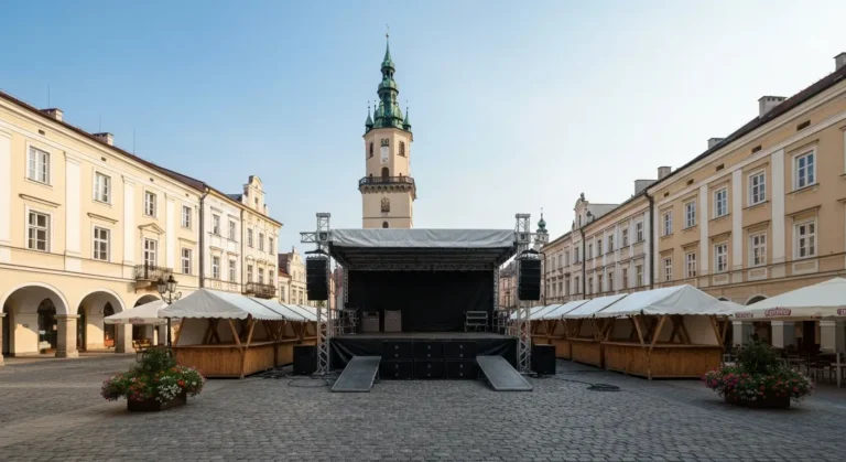 Rynek w Rzeszowie z wieza ratusza, scena plenerowa i drewniane stoiska jarmarczne przygotowane do wydarzenia