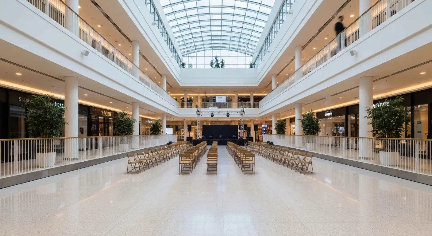 Przestronny atrium galerii handlowej w Rzeszowie ze sceną eventową i rzędami krzesel pod szklanym dachem