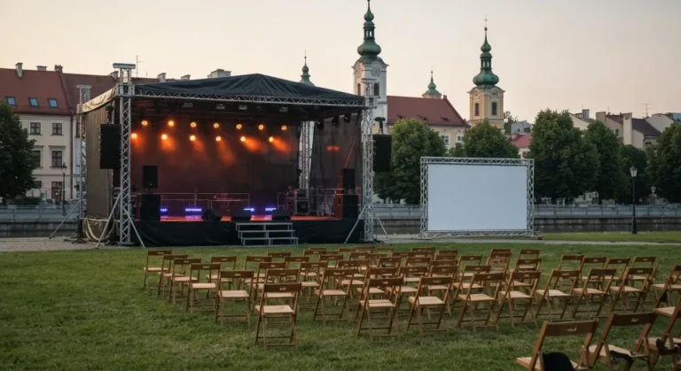 Plenerowa scena koncertowa na bulwarach nad Wislokiem w Rzeszowie o zlotej godzinie, w tle kamienice starowki