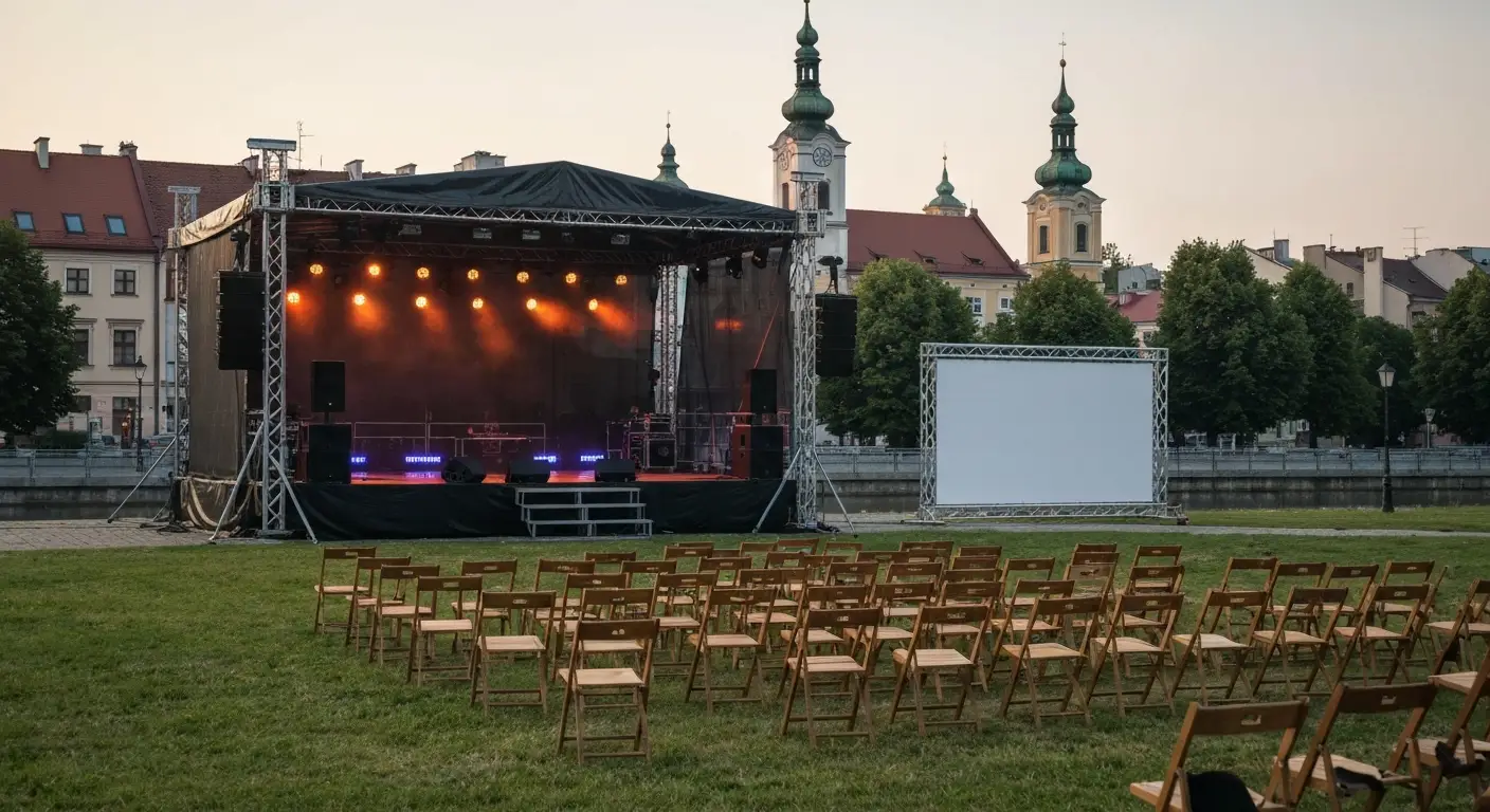 Plenerowa scena koncertowa na bulwarach nad Wislokiem w Rzeszowie o zlotej godzinie, w tle kamienice starowki