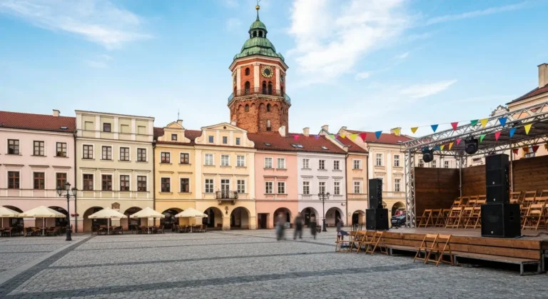 Rynek w Rzeszowie latem ze sceną plenerową i kamienicami z podcieniami przygotowanymi na weekendowe wydarzenia