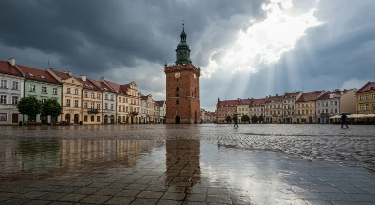 Rynek w Rzeszowie z wieza ratusza i mokrym brukiem pod chmurami deszczowymi rozswietlonymi dziennym swiatlem