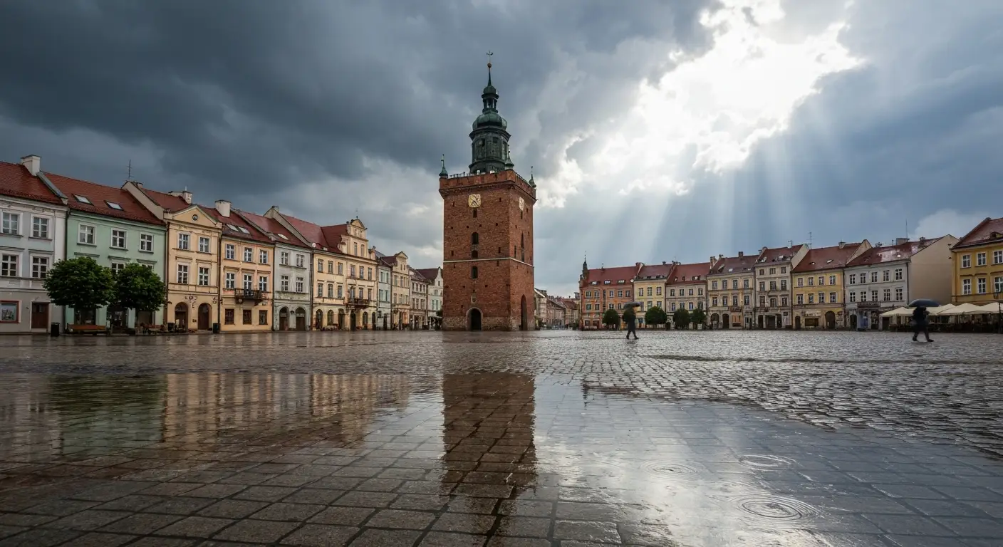 Rynek w Rzeszowie z wieza ratusza i mokrym brukiem pod chmurami deszczowymi rozswietlonymi dziennym swiatlem