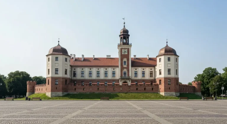 Zamek Lubomirskich w Rzeszowie - bryla z bastionami, murami i wieza zegarowa widziana z placu