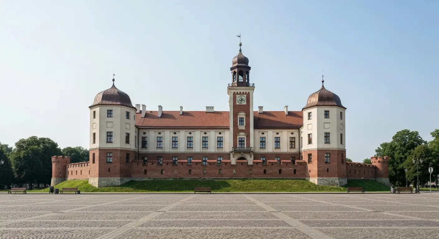Zamek Lubomirskich w Rzeszowie - bryla z bastionami, murami i wieza zegarowa widziana z placu