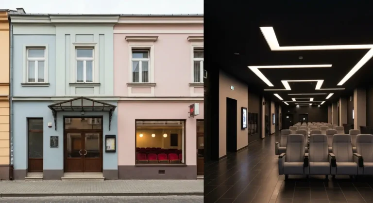Zestawienie kameralnego kina w kamienicy w centrum Rzeszowa i nowoczesnego foyer multipleksu w galerii handlowej