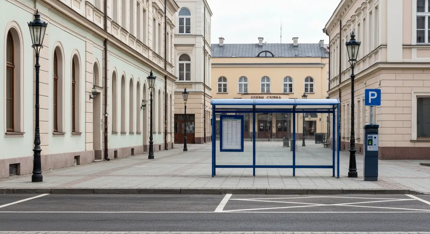 Deptak w centrum Rzeszowa z kamienicami, przystankiem autobusowym i miejscem parkingowym przy krawezniku
