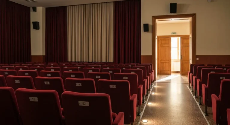 Pusta sala kina w Rzeszowie z rzedami czerwonych foteli, przejsciem i miejscem dla wozka inwalidzkiego