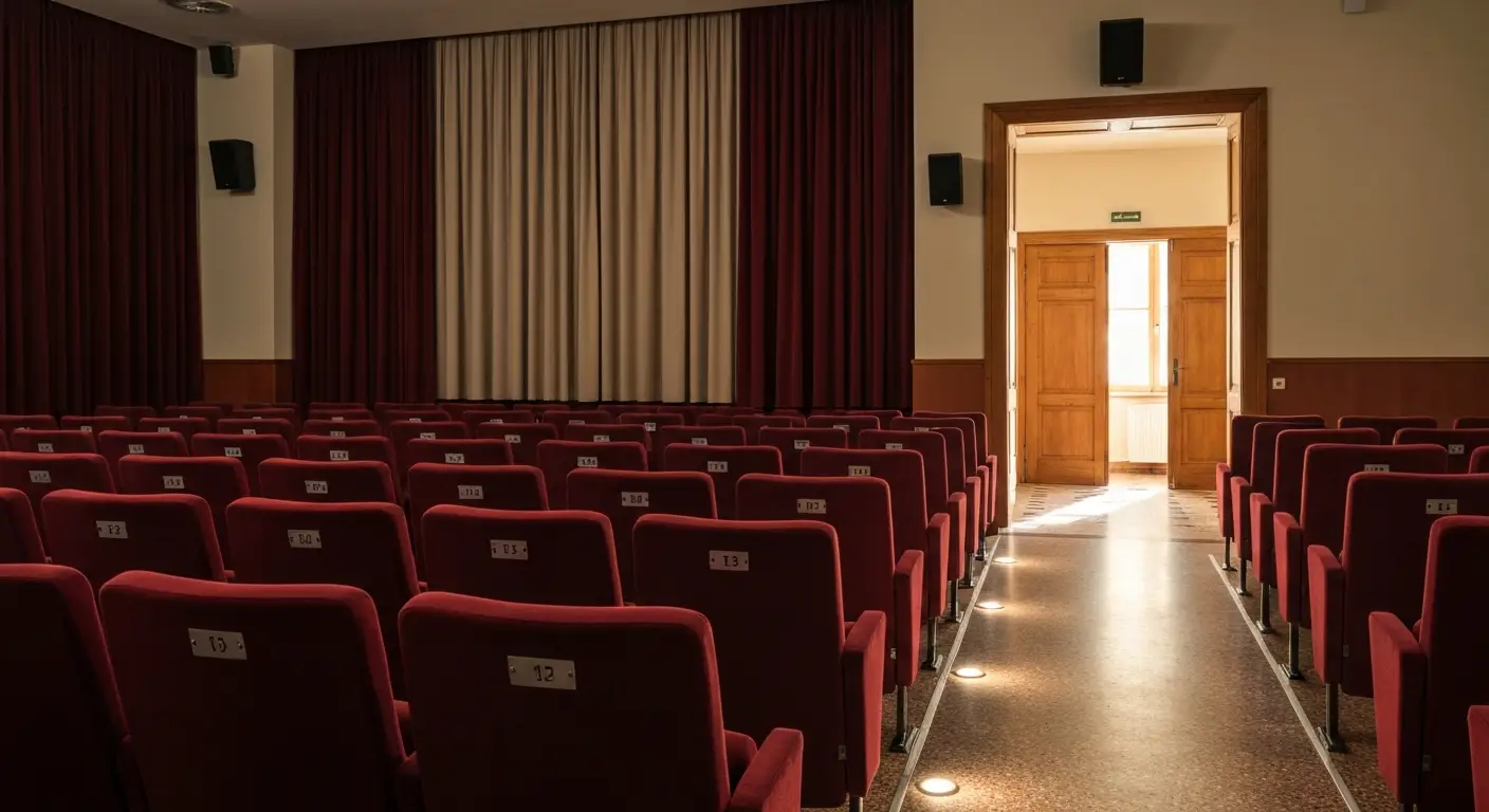 Pusta sala kina w Rzeszowie z rzedami czerwonych foteli, przejsciem i miejscem dla wozka inwalidzkiego