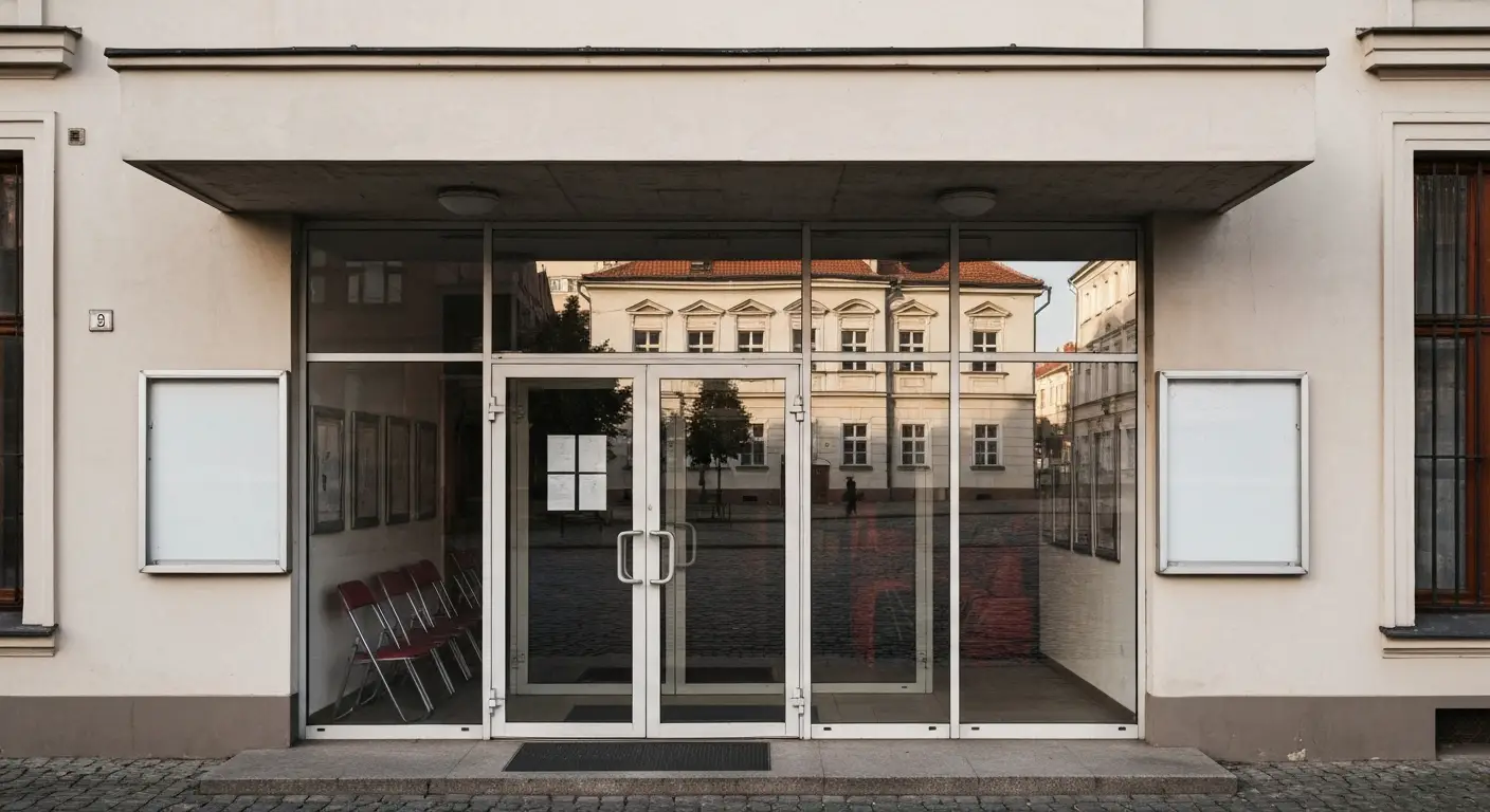 Wejscie do niewielkiego kina w Rzeszowie - modernistyczna fasada, szklane drzwi i puste gabloty na plakaty w swietle dni