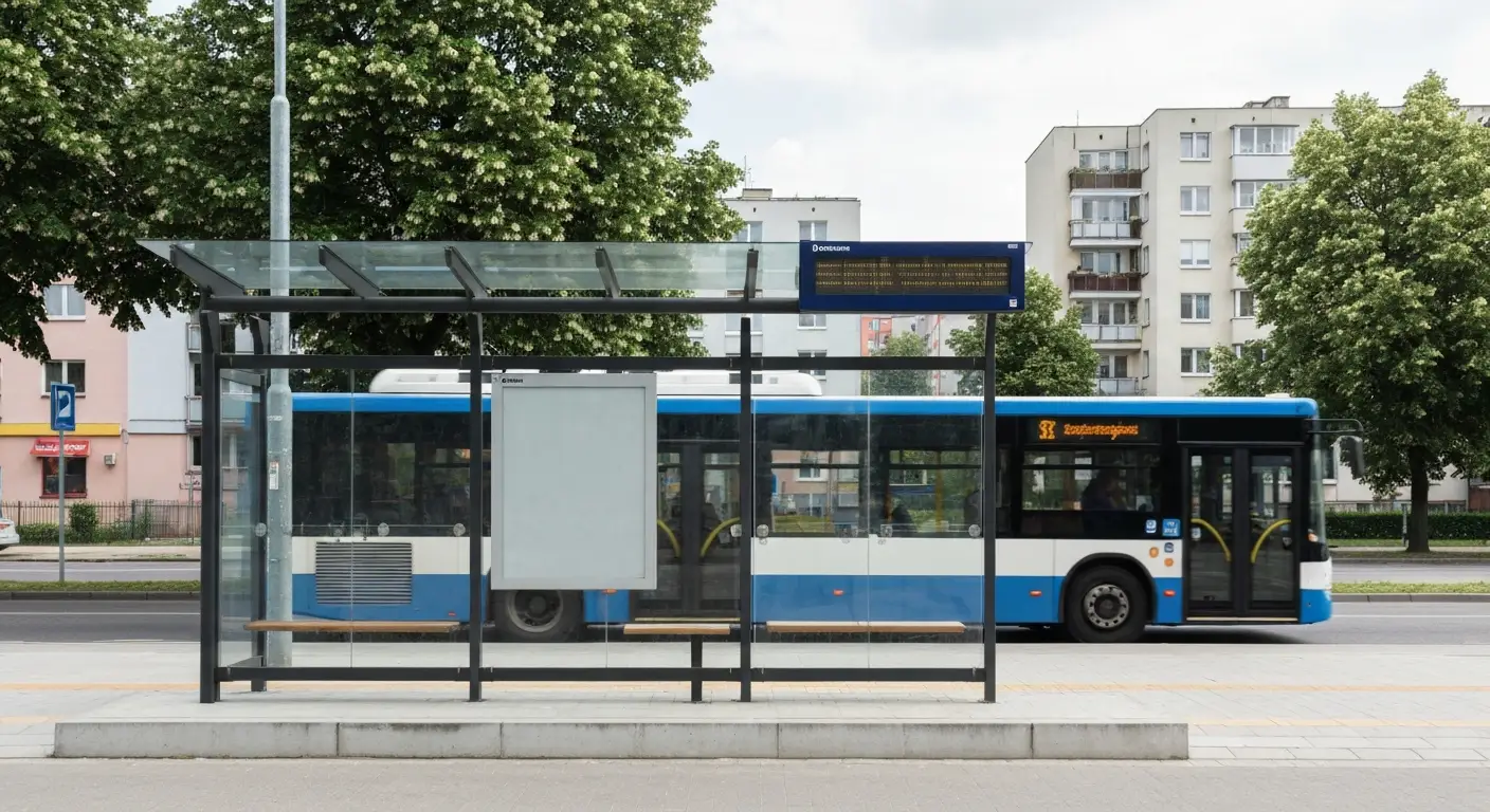 Przystanek autobusowy w Rzeszowie z pustą tablicą odjazdów i miejskim autobusem w tle