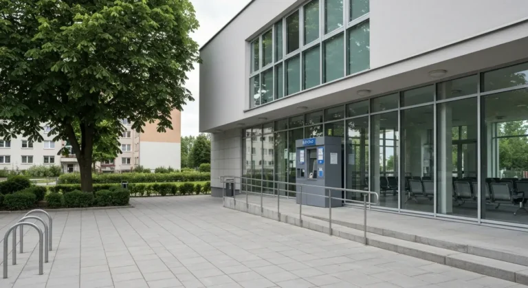 Nowoczesny budynek urzedu w Rzeszowie z przeszklonym wejsciem, podjazdem dla niepelnosprawnych i pusta poczekalnia widoc